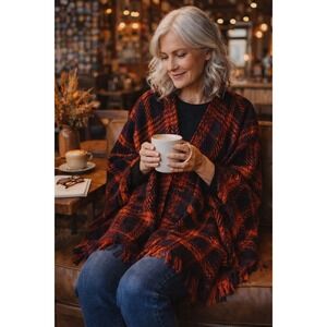 LOFT Boho Fringe Poncho Sweater M/L Orange Black Plaid Knit Ruana Wrap Women